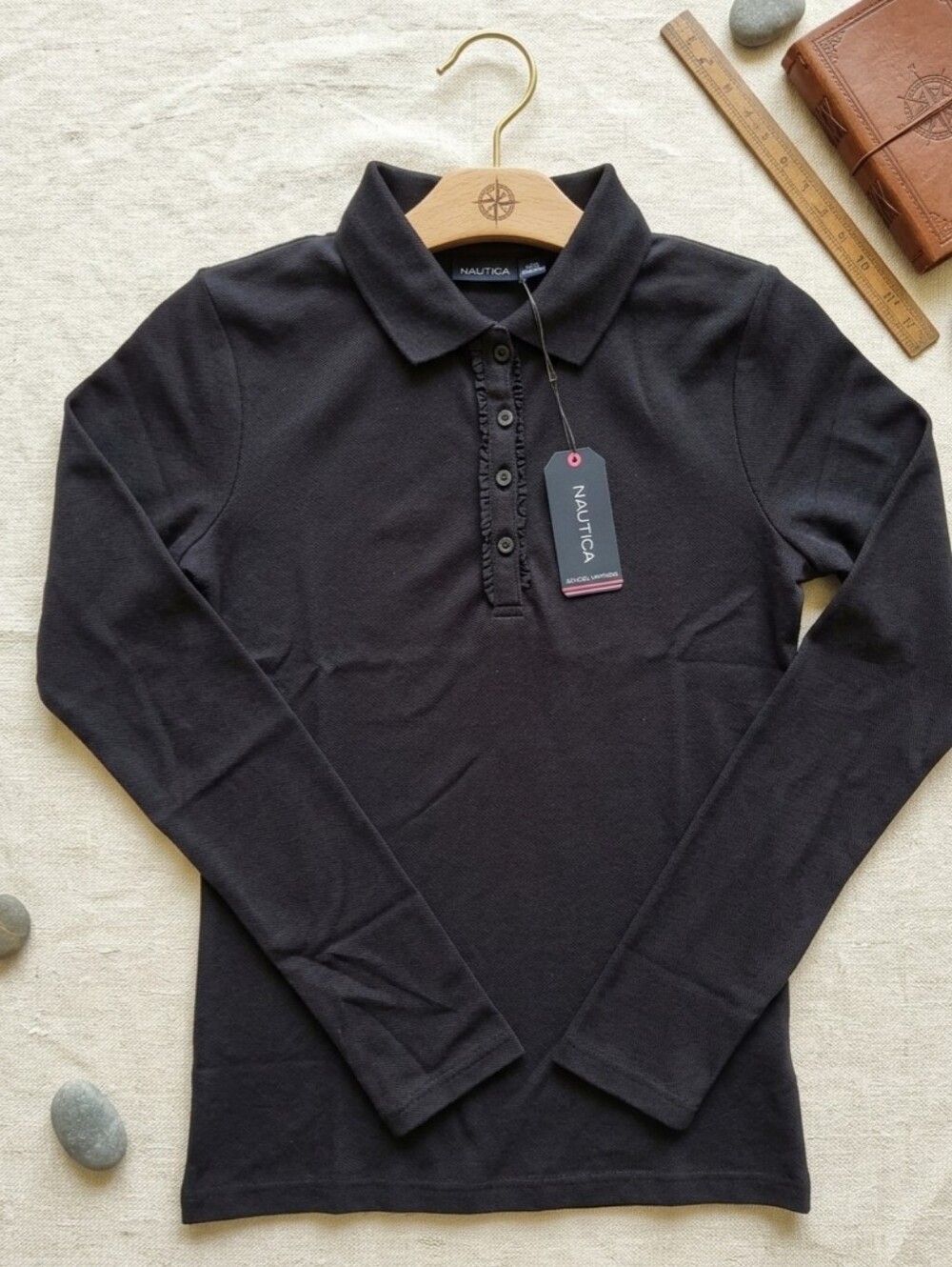 NWT Nautica Girls School Uniform Long Sleeve Polo Ruffle Placket